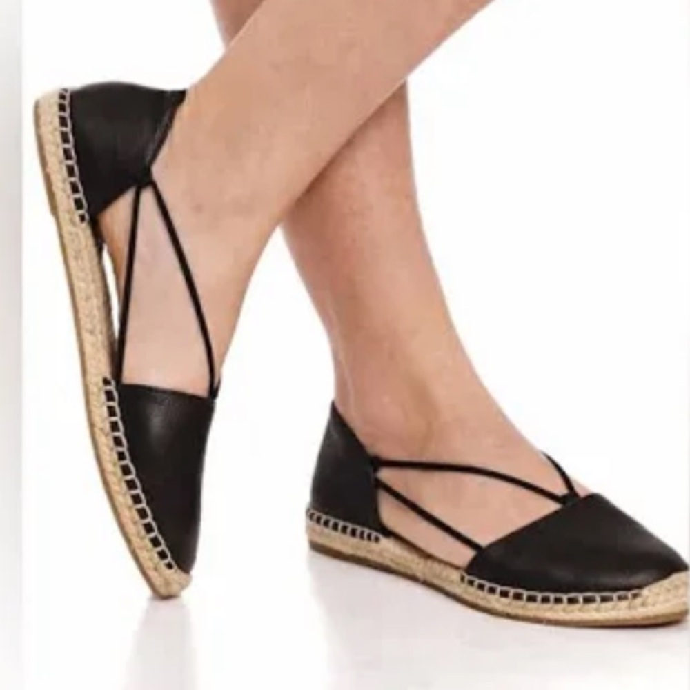 Eileen Fisher Black Leather Espadrille Flats with Jute Toe